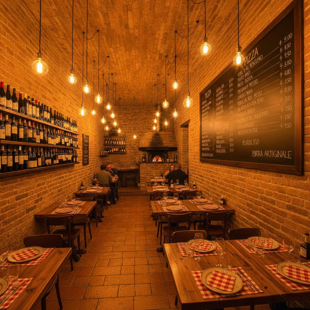 Topao rustikalni interijer Pizzerije Mario s ciglenim zidovima i drvenim stolovima